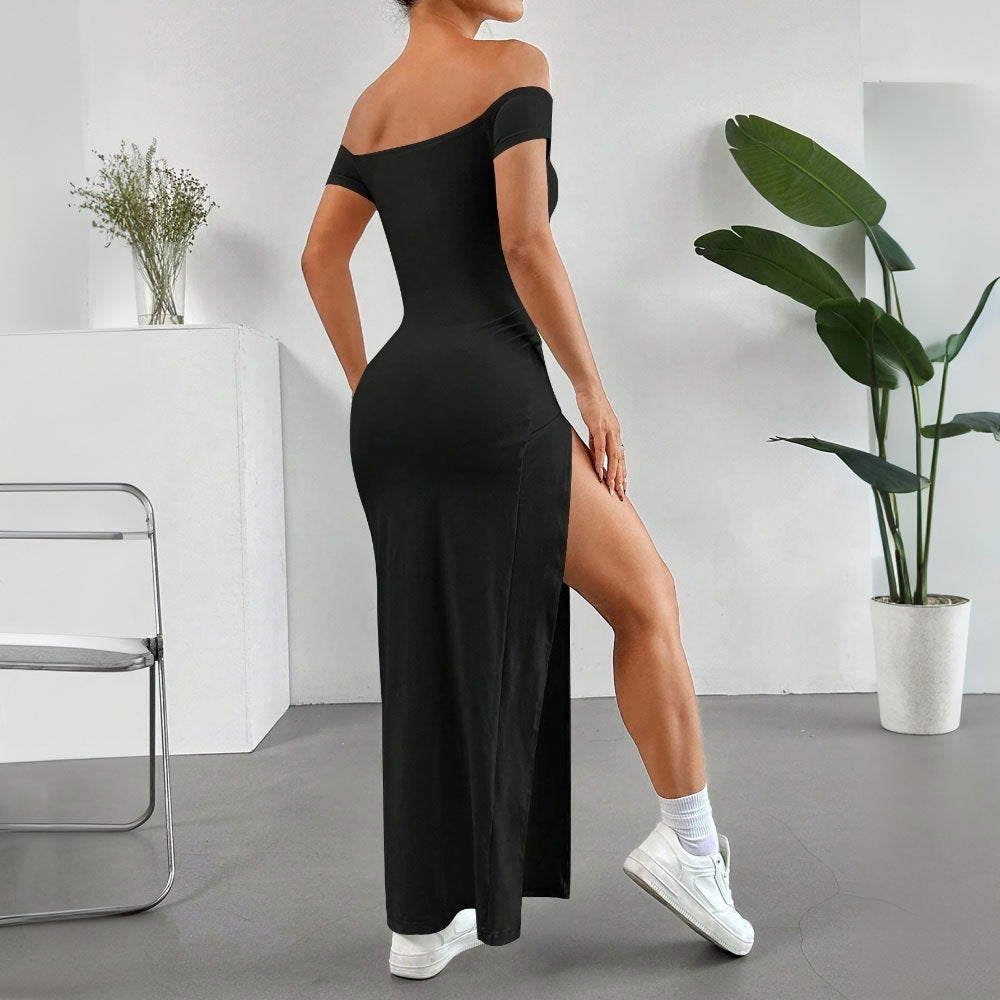 Damen Maxikleid Schulterfrei Hochschlitz Eveloria