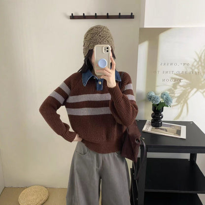 Damen Strickpullover Kragen Gestreift Eveloria