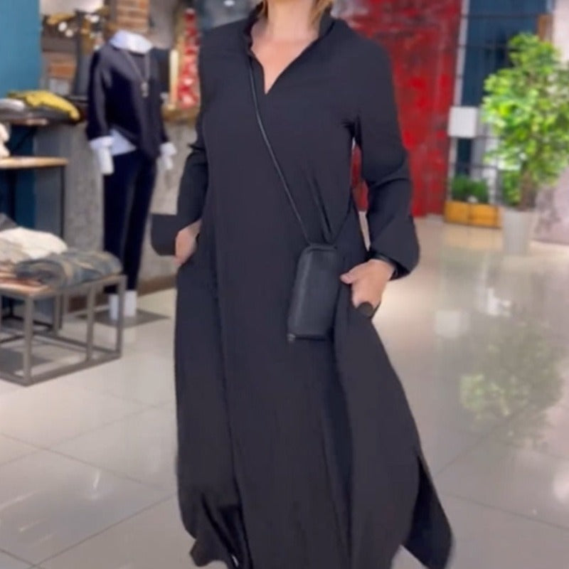 Damen Maxikleid mit Kragen und Taschen Eveloria - Eveloria