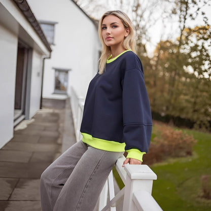 Damen Sweatshirt Lässig Kontrastbündchen Modern Schnitt Grau