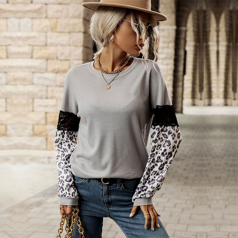 Damen Pullover mit floralem Muster und Spitzenärmeln Leopardenlook - Eveloria
