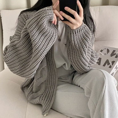 Damen Grobstrickjacke Voluminöse Ärmel Offene Front