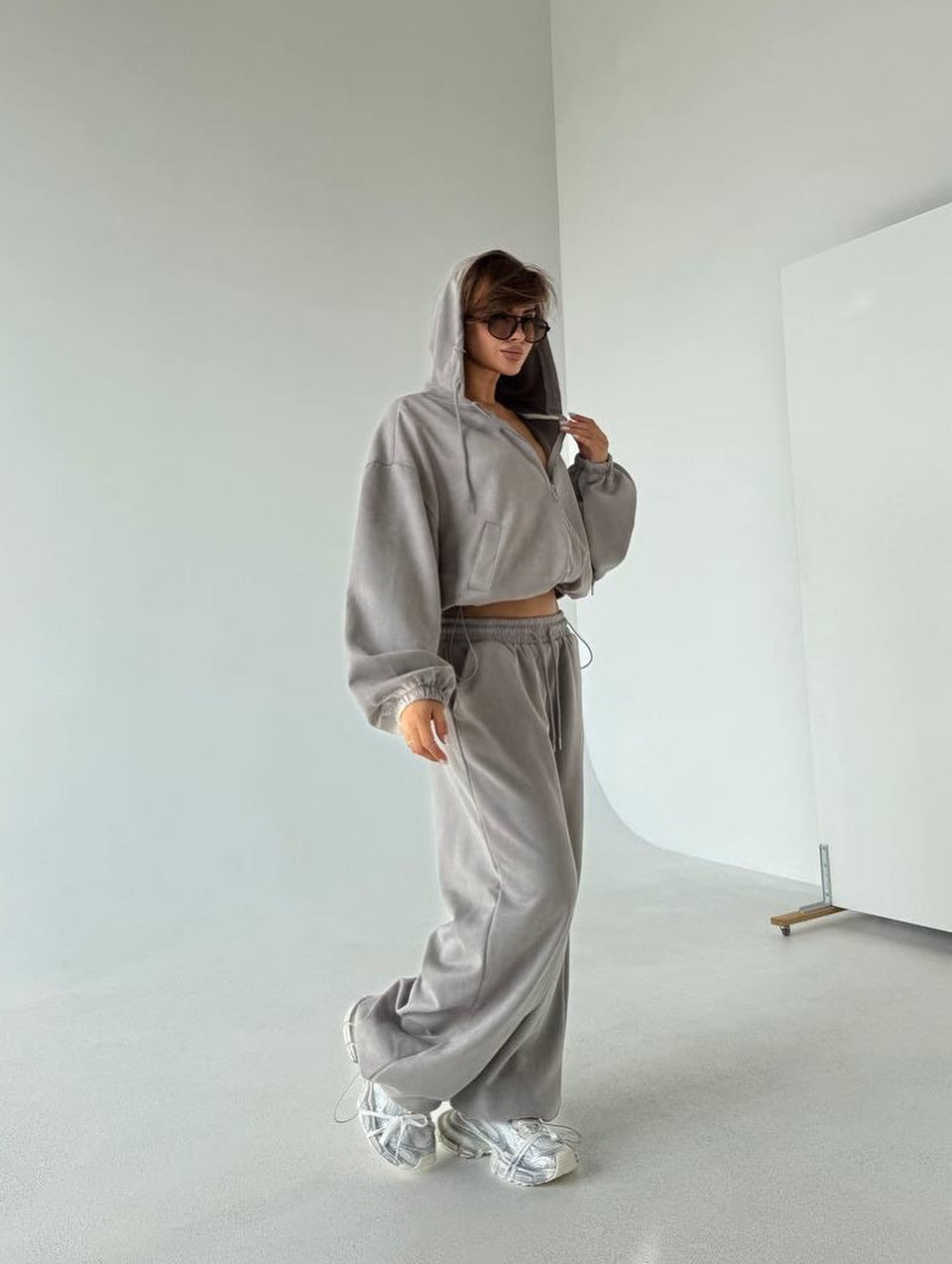 Damen Velours Jogginganzug Set Kapuze Weite Passform Eveloria