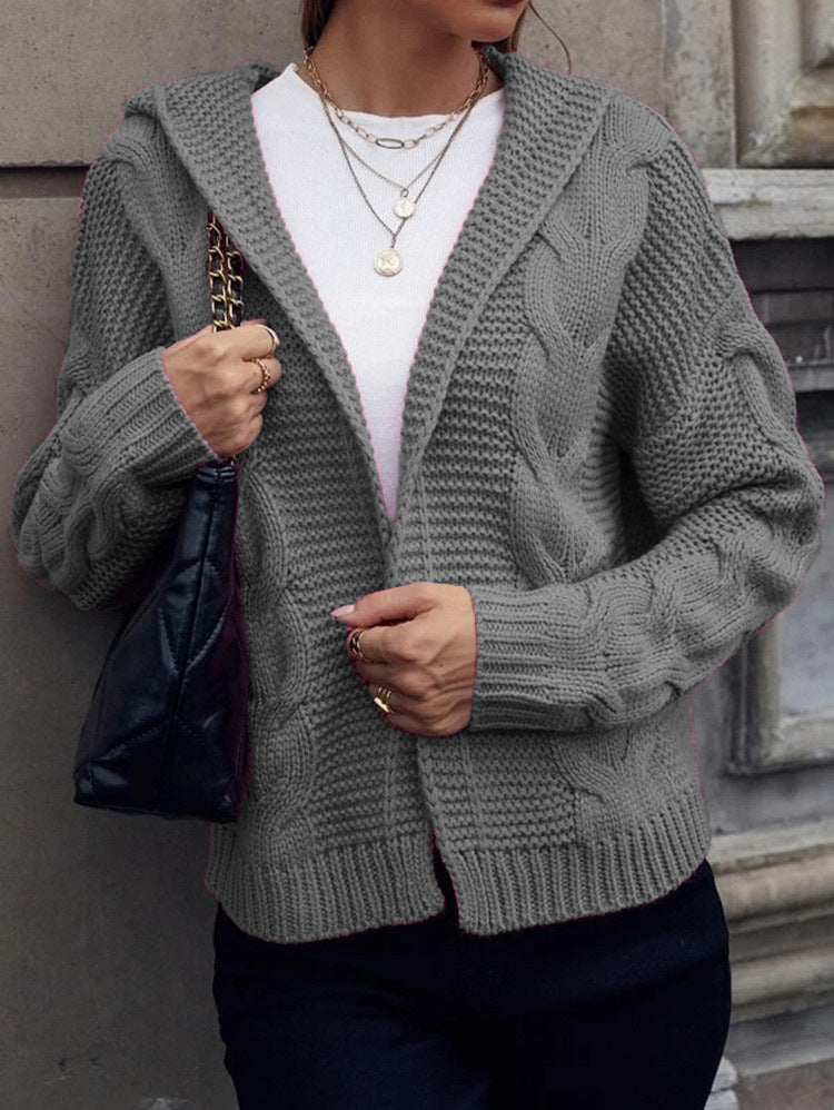 Damen Cardigan Grobstrick Kapuze Zopfmuster Beige