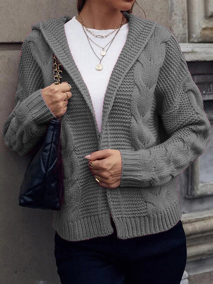 Damen Cardigan Grobstrick Kapuze Zopfmuster Beige