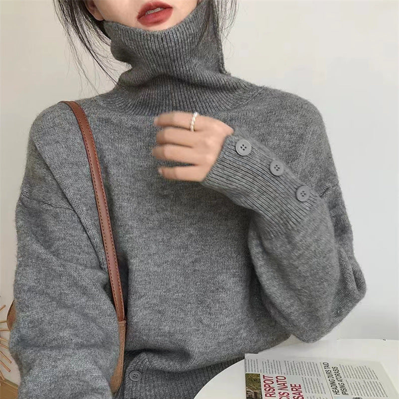 Damen Rollkragenpullover Kuschelfleece Mit Knöpfen Beige