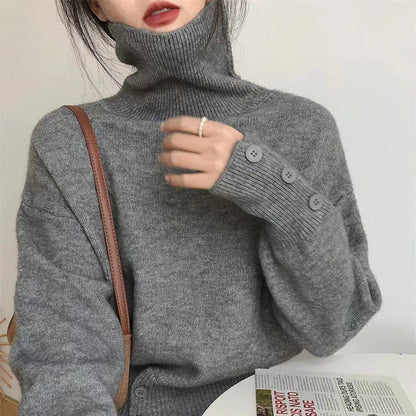 Damen Rollkragenpullover Kuschelfleece Mit Knöpfen Beige