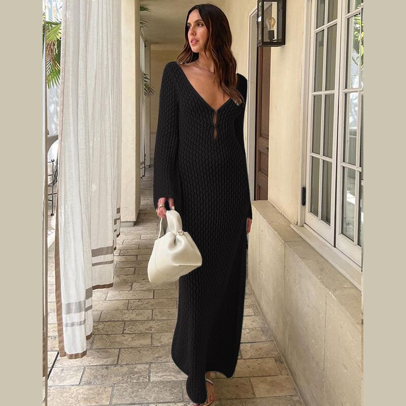 Damen Strickkleid V-Ausschnitt Großärmel Eveloria