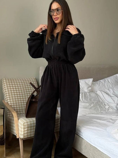 Damen Fleece-Jogginganzug mit Halb-Reißverschluss und elastischem