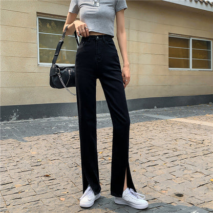 Damen Hochtaillierte Denimhose Seitenschlitze Blau Eveloria