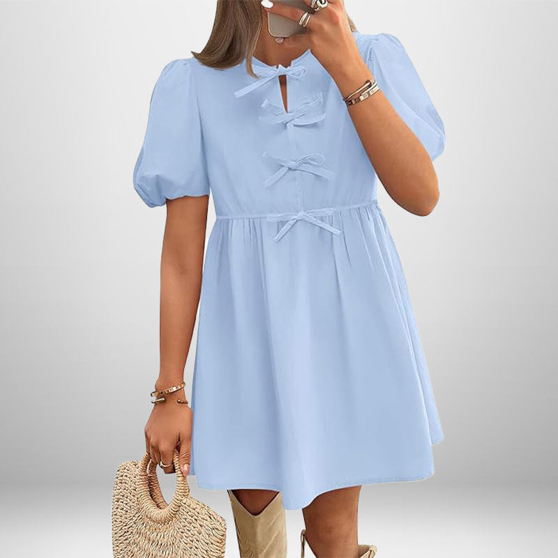 Damen Kurzkleid Puffärmel Schleifendetails Eveloria