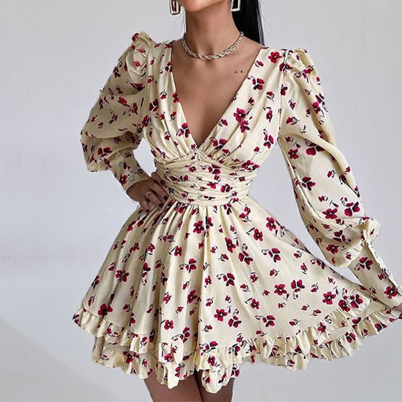 Damen Blumenkleid Voluminöse Ärmel Geraffter Rock Eveloria
