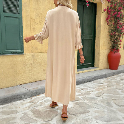 Damen Freizeitkleid Knielang mit Gerafften Ärmeln und Knopfleiste