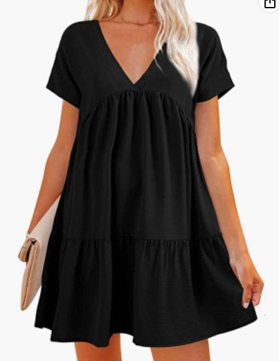 Damen V-Ausschnitt Kleid Weit schwingender Saum Eveloria