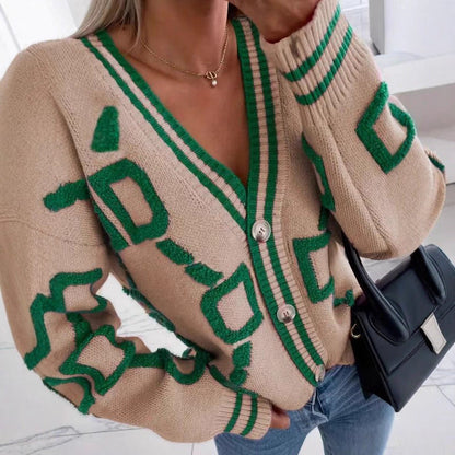 Damen Cardigan Geometrisches Muster Knopfleiste Anthrazit