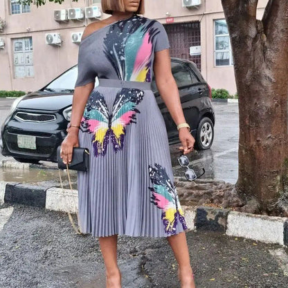 Damen Maxikleid Bunt Schmetterling Plisseefalte Eveloria