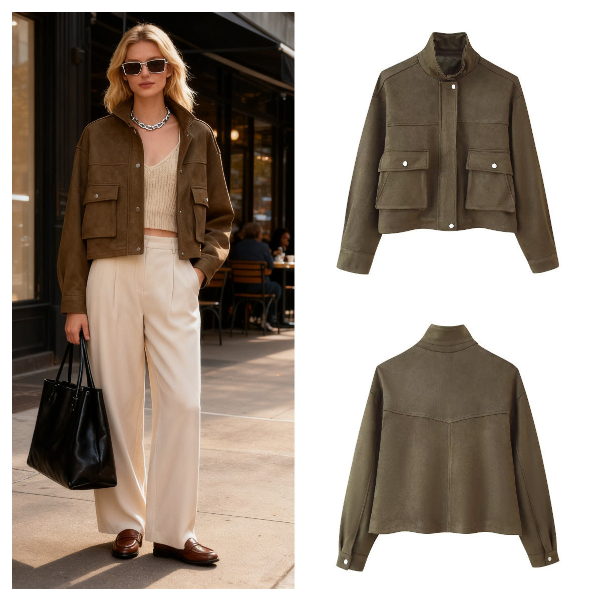 Damen Utility-Jacke Doppelbrusttaschen Reißverschluss Schwarz Eveloria - Eveloria