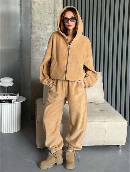 Damen Velours Jogginganzug mit Kapuze und Reißverschluss Bequem