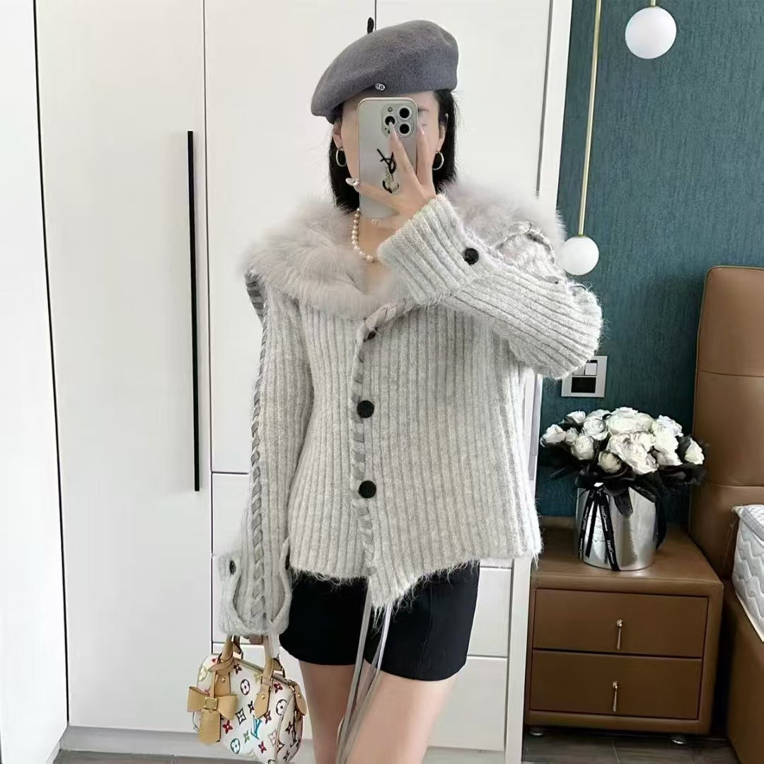 Damen Strickjacke mit Kapuze und Kunstfell