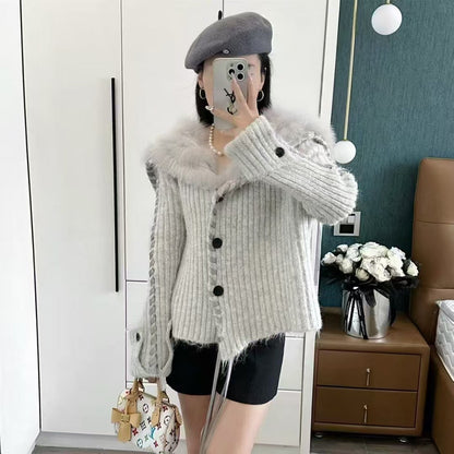 Damen Strickjacke mit Kapuze und Kunstfell