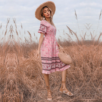 Damen Sommerkleid Boho florales Design Taillenzug