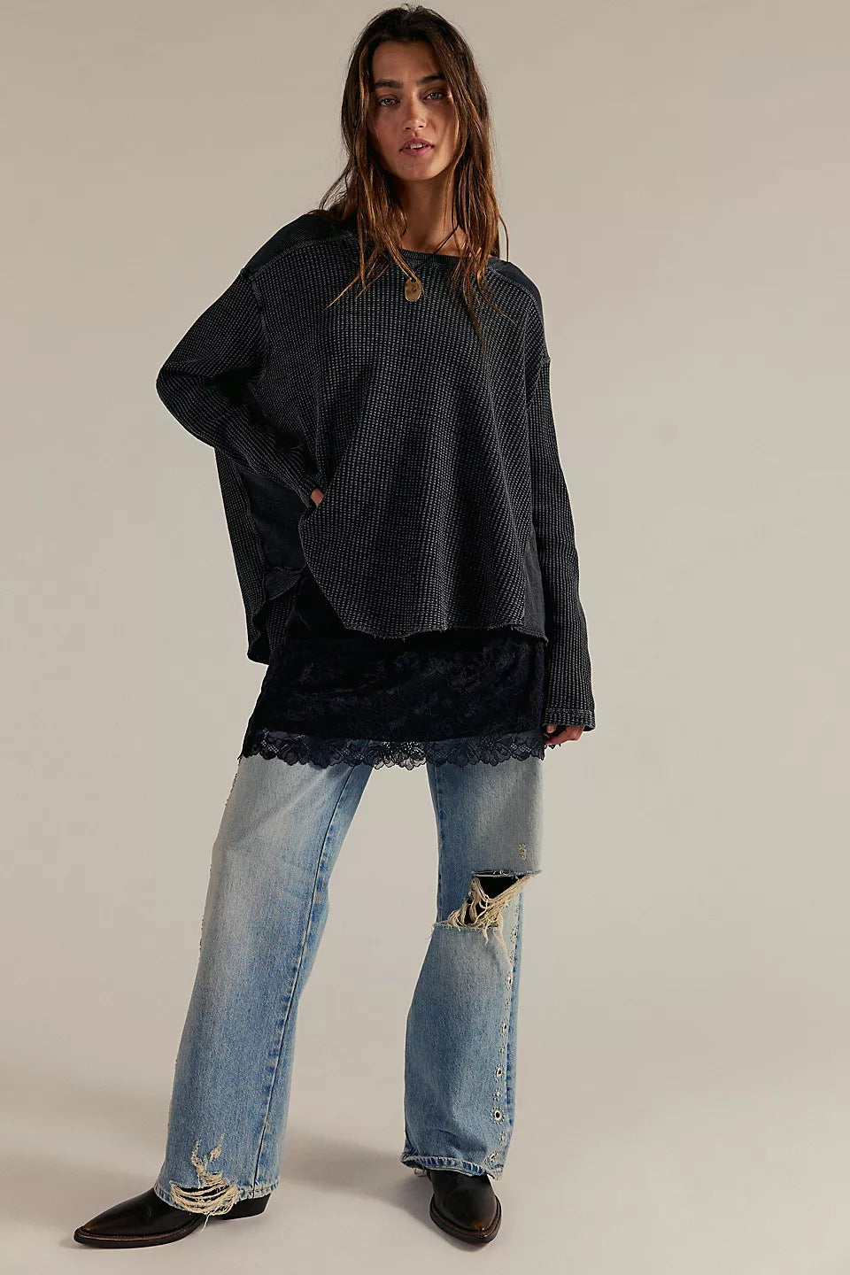 Damen Oversized Pullover Strukturiert Beige