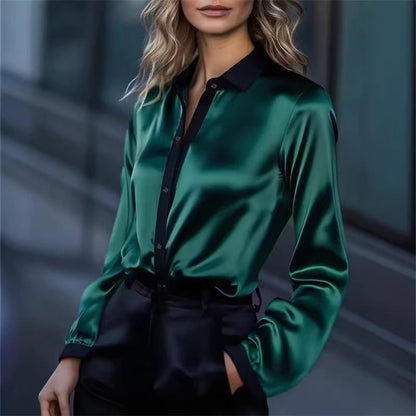 Eveloria Damen Satinbluse Kontrastkragen