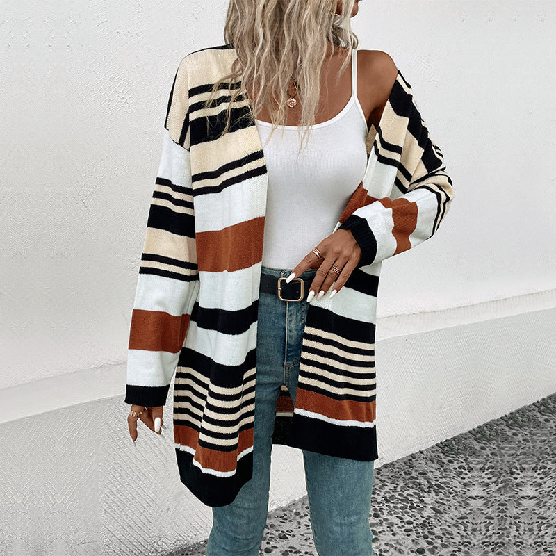 Damen Strickcardigan Weite Ärmel Streifen Muster Eveloria - Eveloria