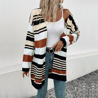 Damen Strickcardigan Weite Ärmel Streifen Muster Eveloria - Eveloria