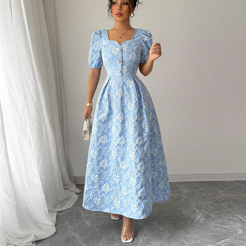 Damen Maxikleid Florale Applikationen Puffärmel Eveloria