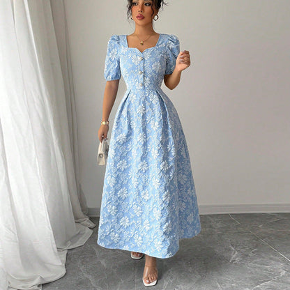 Damen Maxikleid Florale Applikationen Puffärmel Eveloria