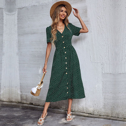 Damen Midi-Kleid Punktmuster Elegante Knopfleiste