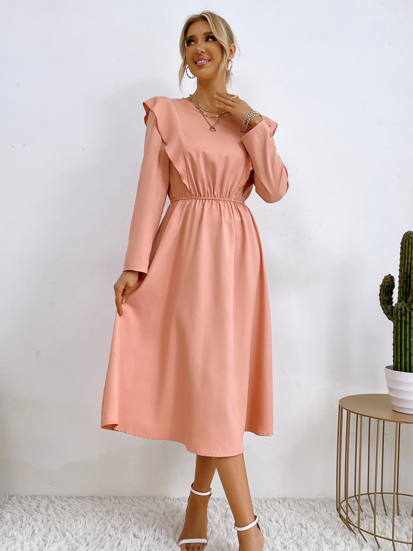 Damen Maxikleid Rüschendetails Elastischer Taillenbund Eveloria