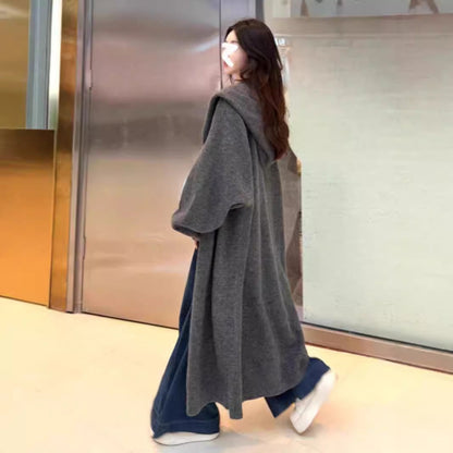 Damen Strickmantel Lässig Kapuze Weite Ärmel Beige