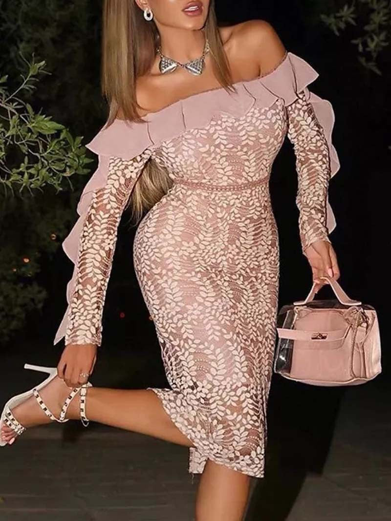 Damen Spitzenkleid Off-Shoulder Rüschen Voluminös Eveloria