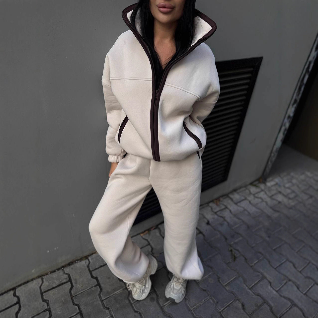Damen Fleece-Jogginganzug Hochkragen Kängurutasche Eveloria