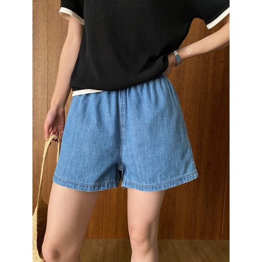 Damen Jeansshorts Elastischer Bund Weite Passform Blau - Eveloria