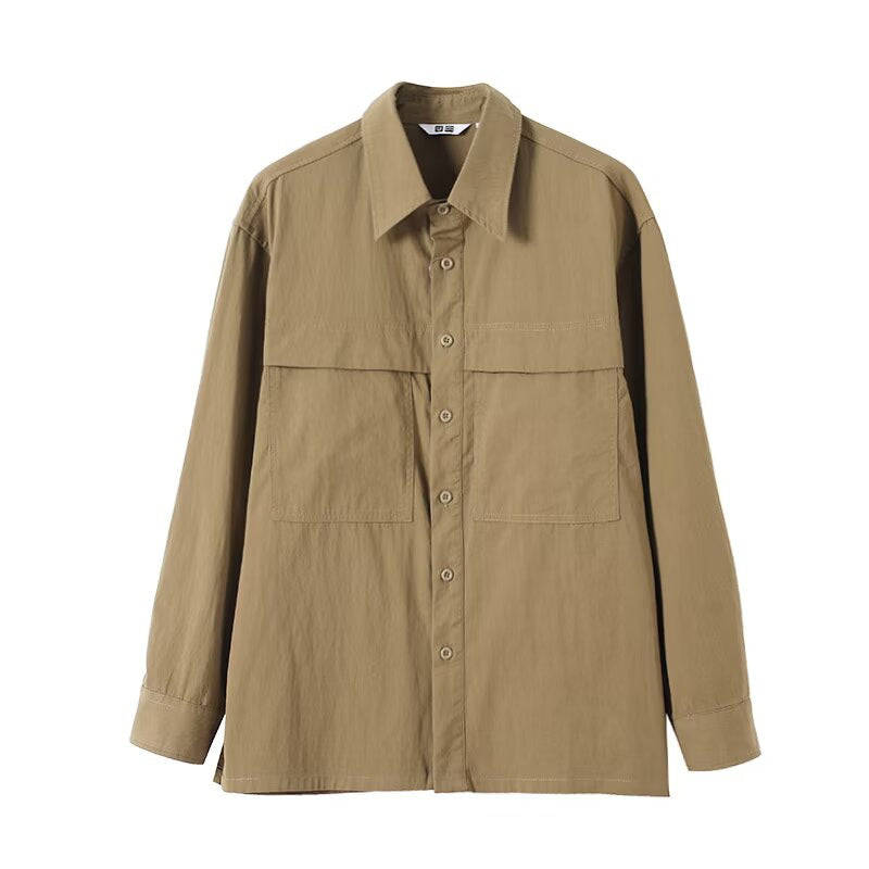 Damen Overshirt Lässig Baumwolle Brusttaschen Beige