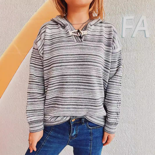 Damen Hoodie Streifen Breite Ärmel Kordelzug Schwarz Weiss - Eveloria