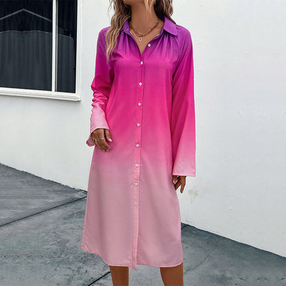 Damen Midi Hemdkleid Farbverlauf Elegantes Knopfdesign