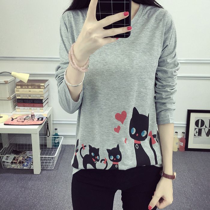 Damen Langarm-Shirt Katzenmotiv Eveloria