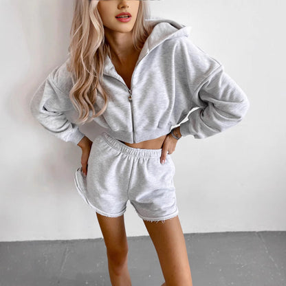 Damen Sportliches Loungewear-Set Cropped Hoodie Lässige Shorts