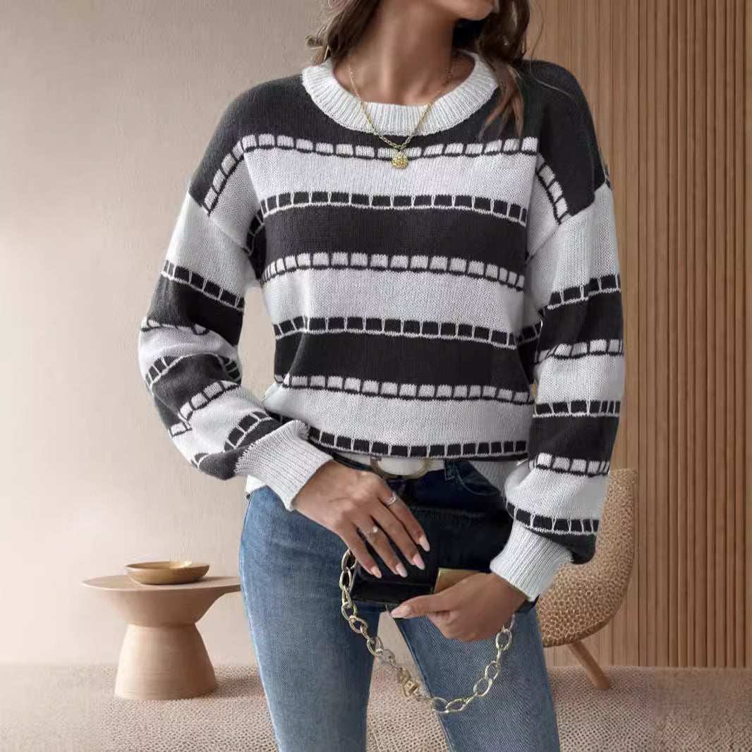 Damen Grobstrickpullover Breite Streifen Lässige Ärmel Eveloria - Eveloria