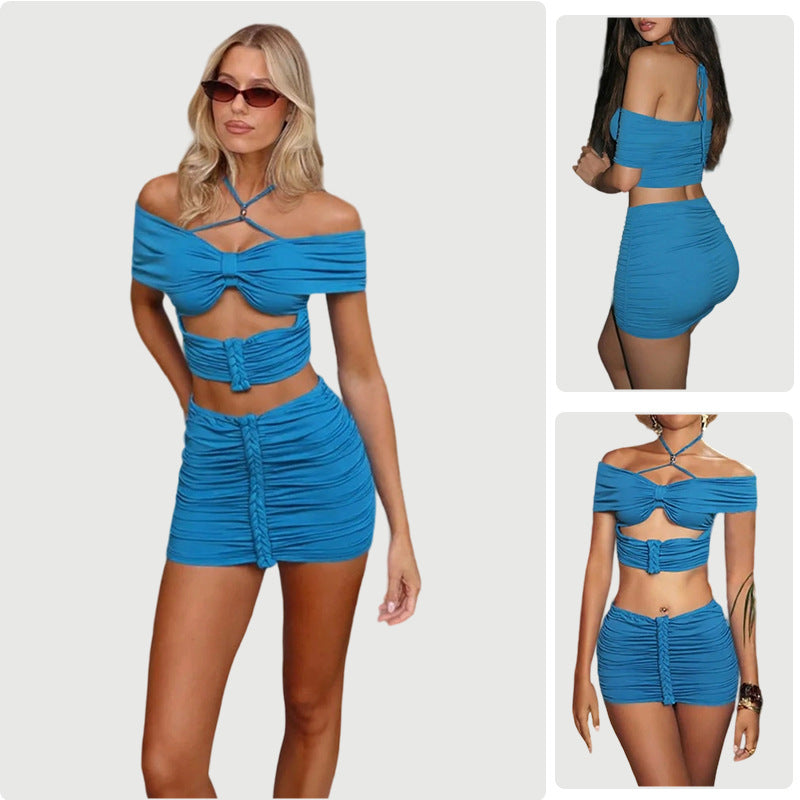 Damen Raffiniertes Set Cropped Oberteil Minirock Schulterfrei Schwarz - Eveloria
