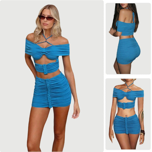 Damen Raffiniertes Set Cropped Oberteil Minirock Schulterfrei Schwarz - Eveloria