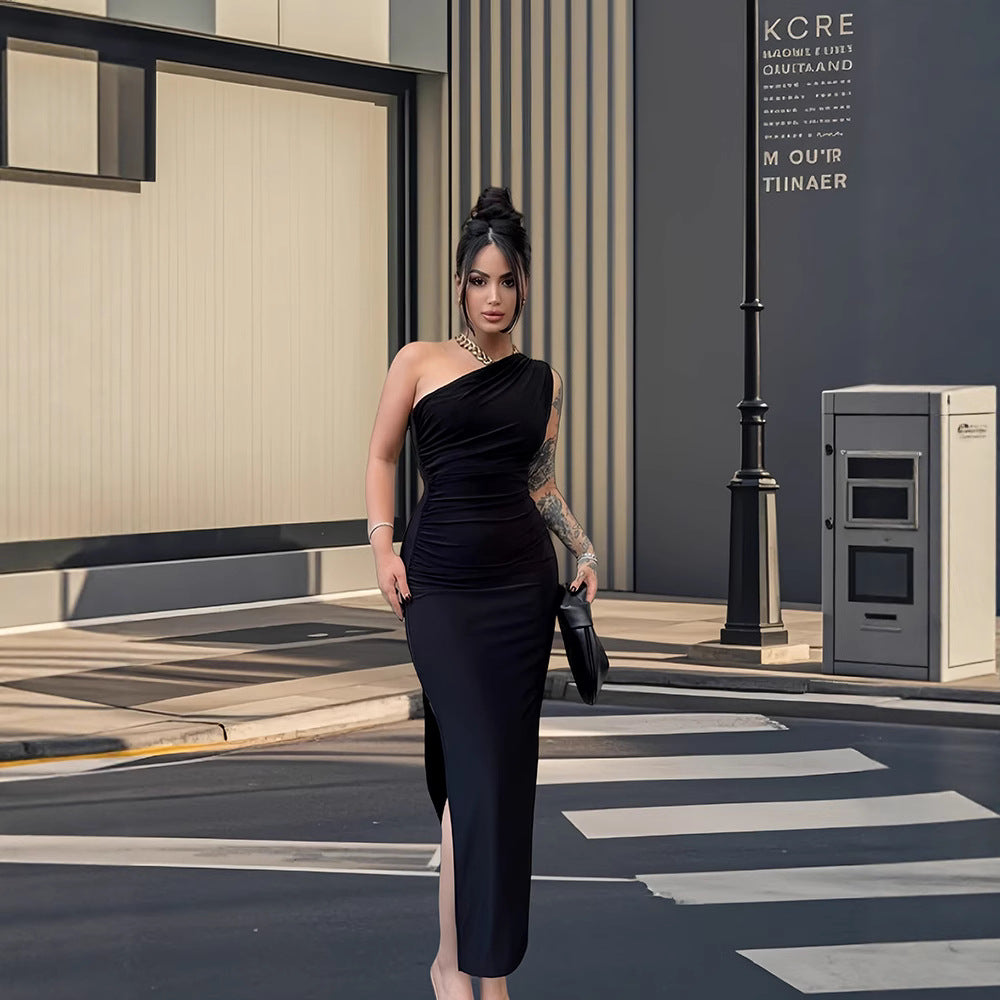 Damen Maxikleid Elegantes One-Shoulder-Design Figurbetont