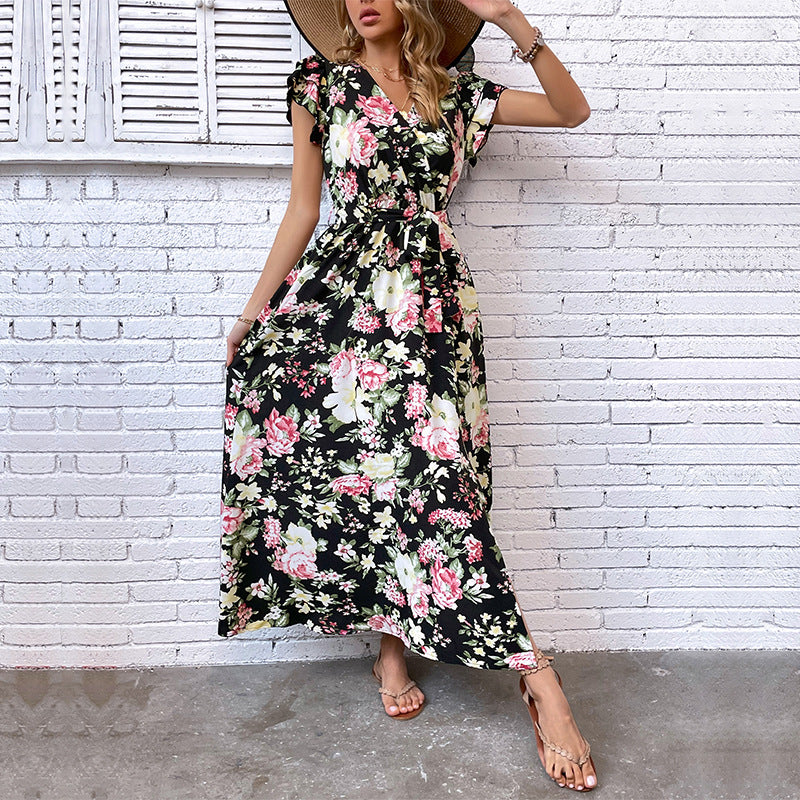 Damen Maxikleid Floralmuster Schlitz Taillengürtel