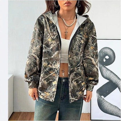 Damen Kapuzenjacke Camouflage Muster Locker Passform
