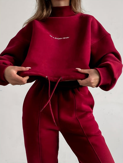 Damen Sportliches Sweatshirt Jogginghose Set Hochkragen Weites Design