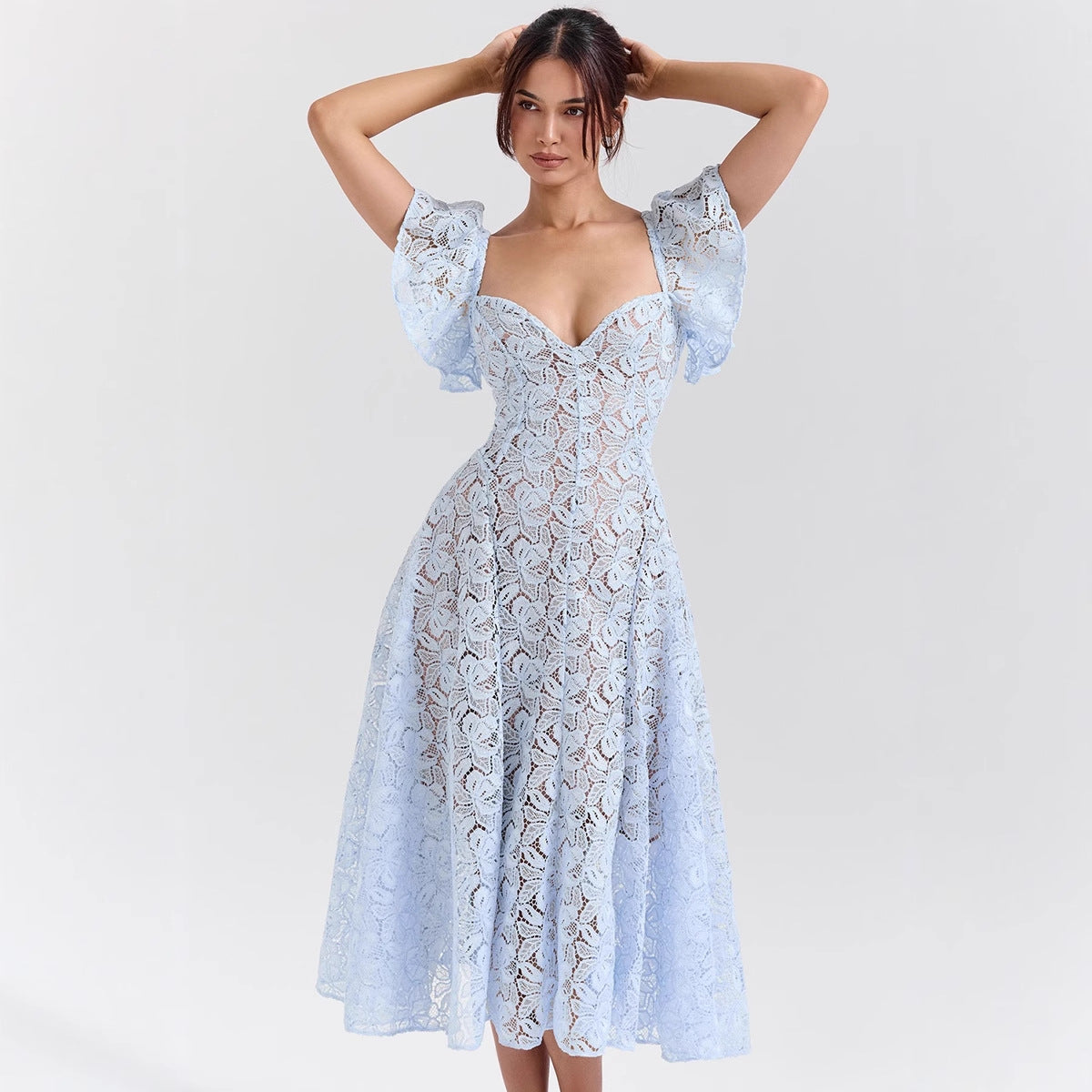 Damen Maxikleid Spitze Voluminöse Rüschen Herzförmiger Ausschnitt